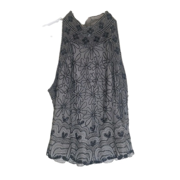 Papell Boutique Tops - VTG Papell Boutique Evening Silk Beaded Top XL Grey Floral Sleeveless AS-IS